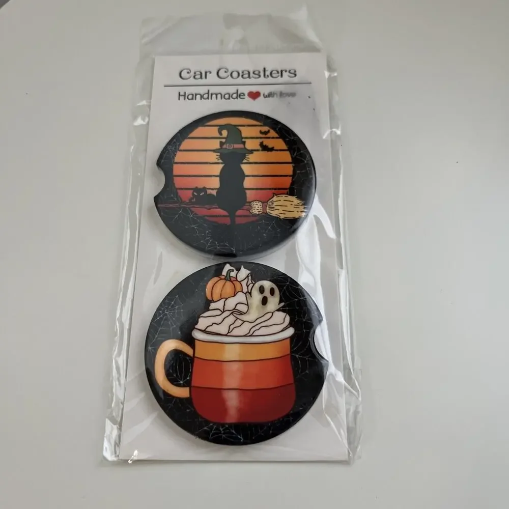 Custom Heat Printed Car Coasters Halloween Fall Designs Set Of 2